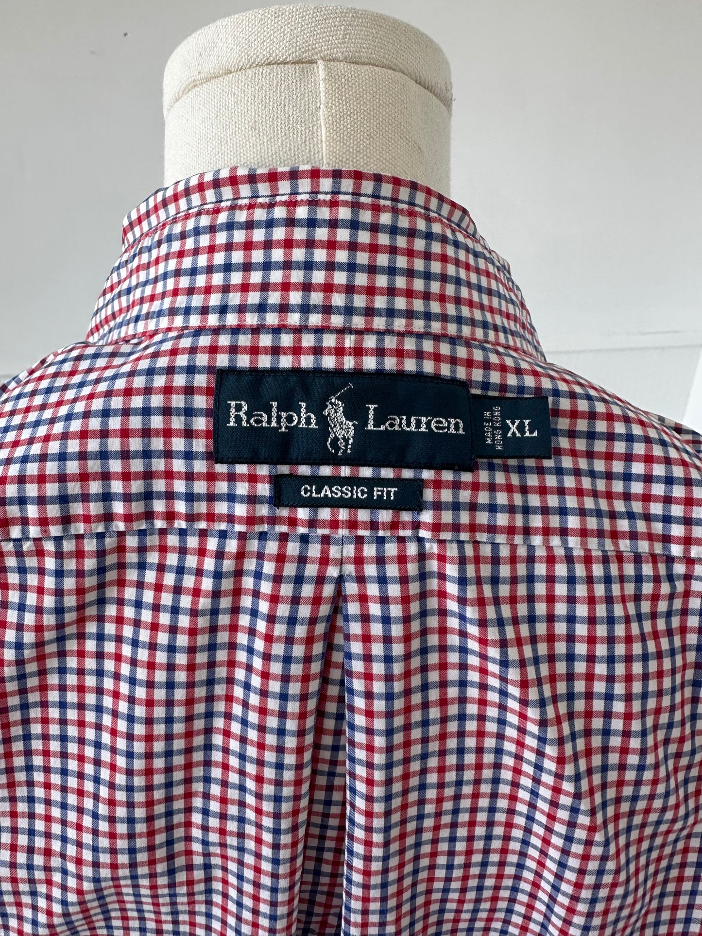 90s Ralph Lauren red white and blue checkered poplin button down. Made in Hong Kong