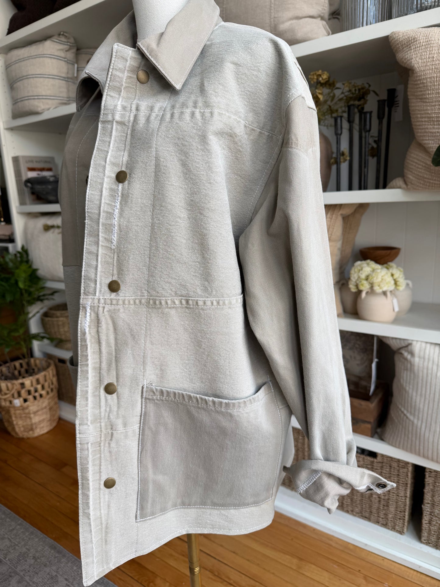 Tan Reworked Denim Chore Coat. Size Medium