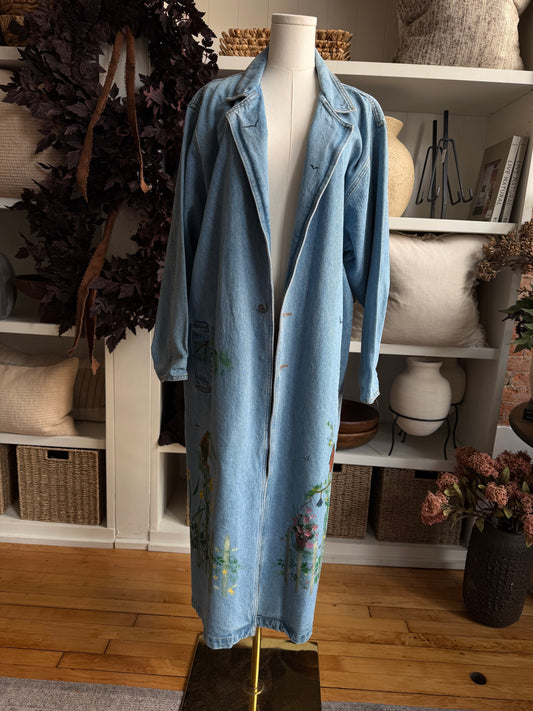 90s Sun Belt Denim hand painted trench coat. Fits S-L