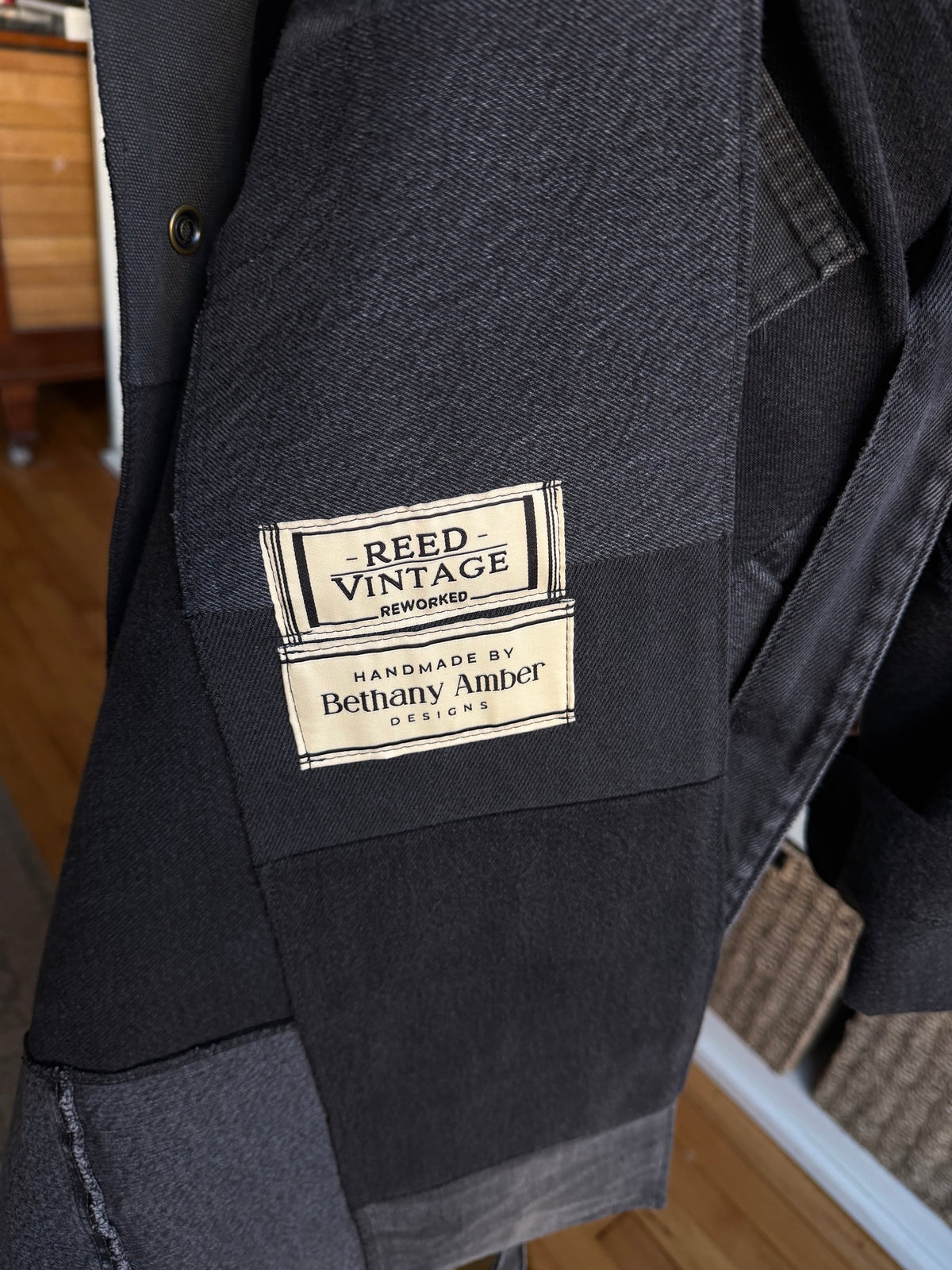 #9 Reworked Black denim trench coat. Size M