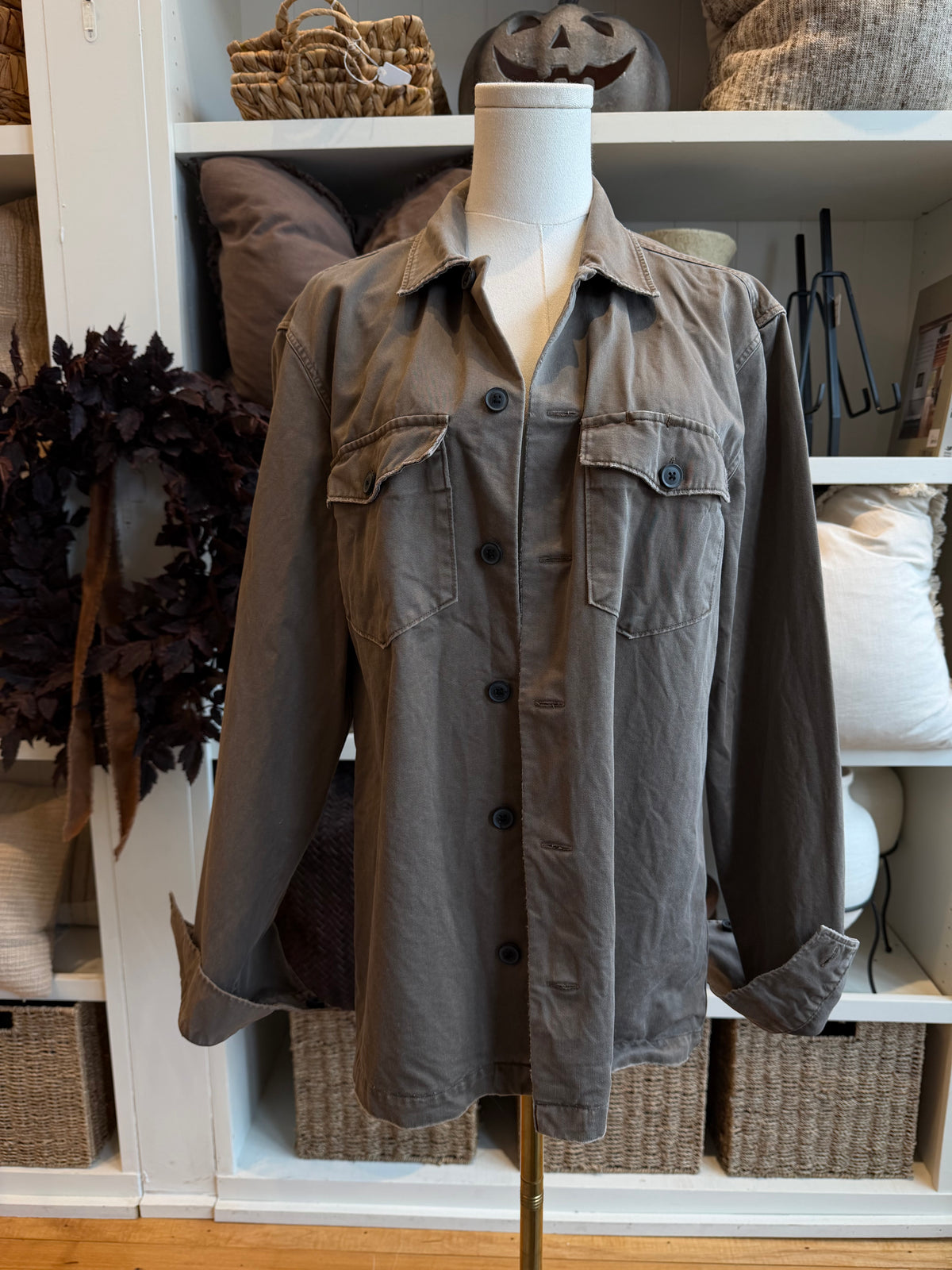 All Saints Spotter cotton over shirt in cargo green. Size medium