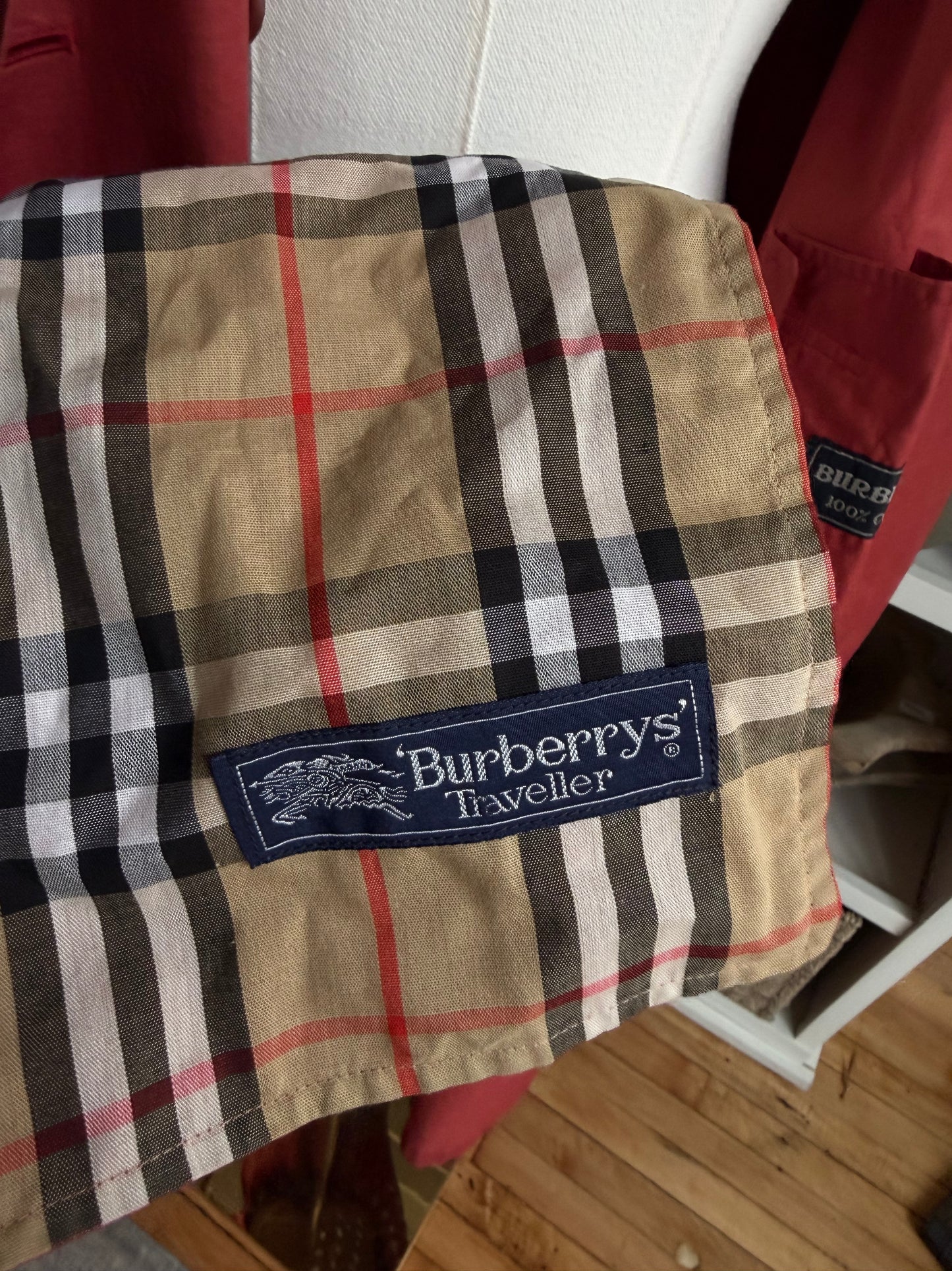 80s Burberry red packable light weight traveler trench with carrying bag