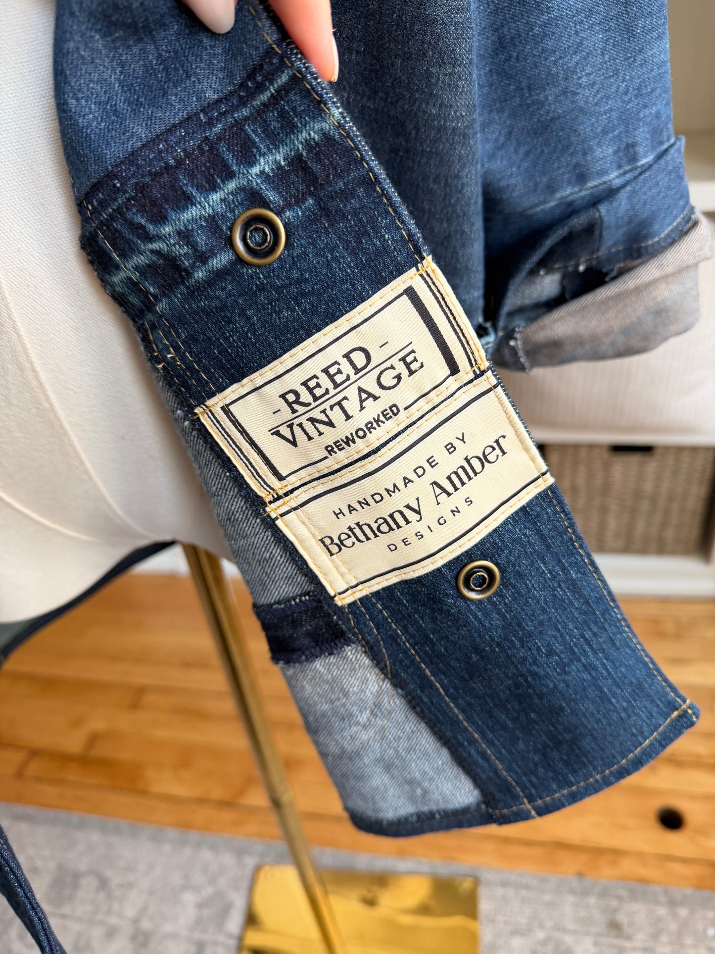 Dark Denim Reworked Chore Coat. Size medium