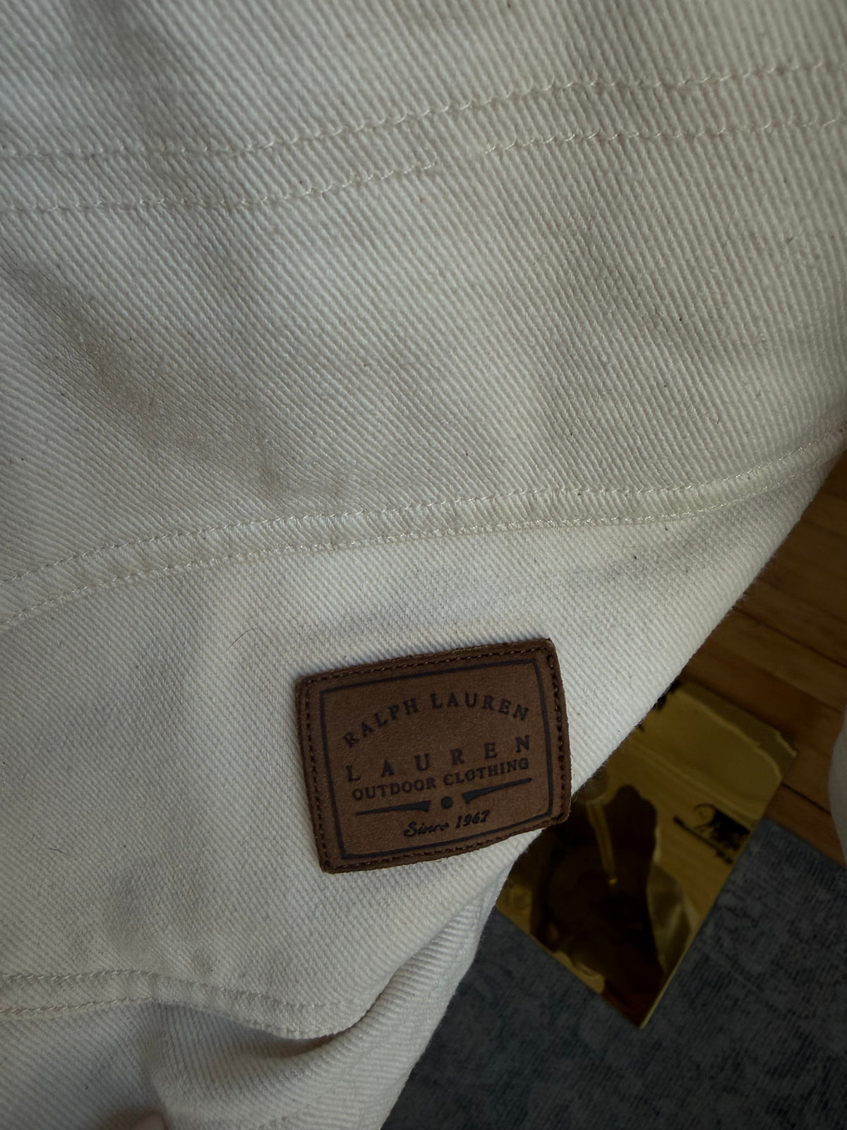 90s Lauren by Ralph Lauren cream denim chore coat. Made in Hong Kong. Fits S-L