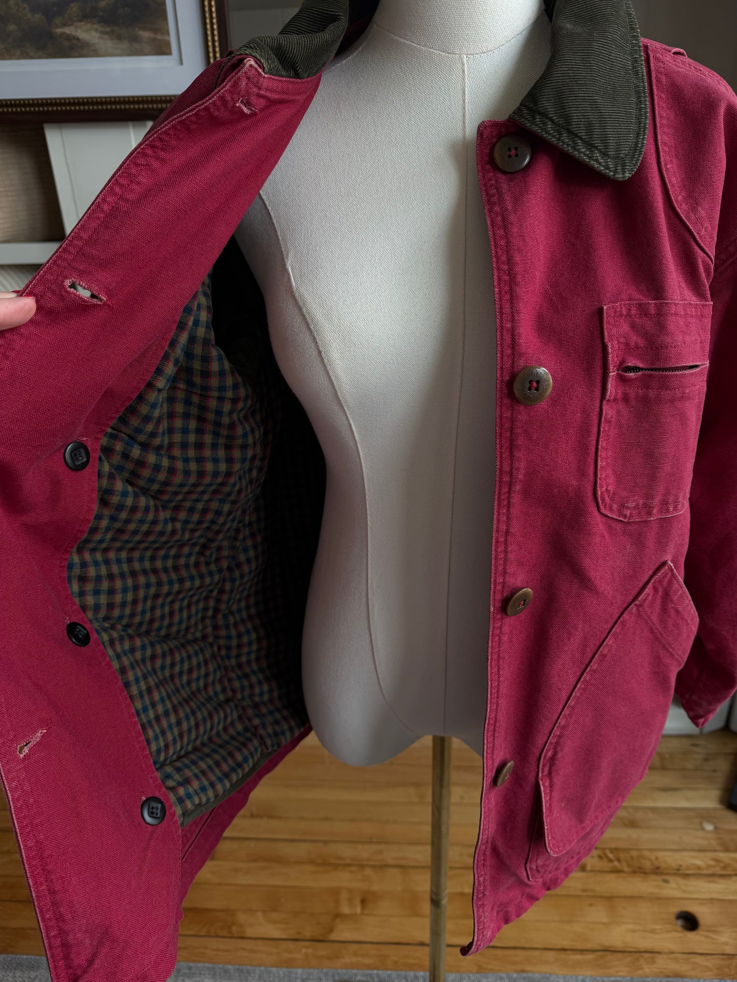 80s LL Bean red barn coat with button out insulated lining. Made in the USA