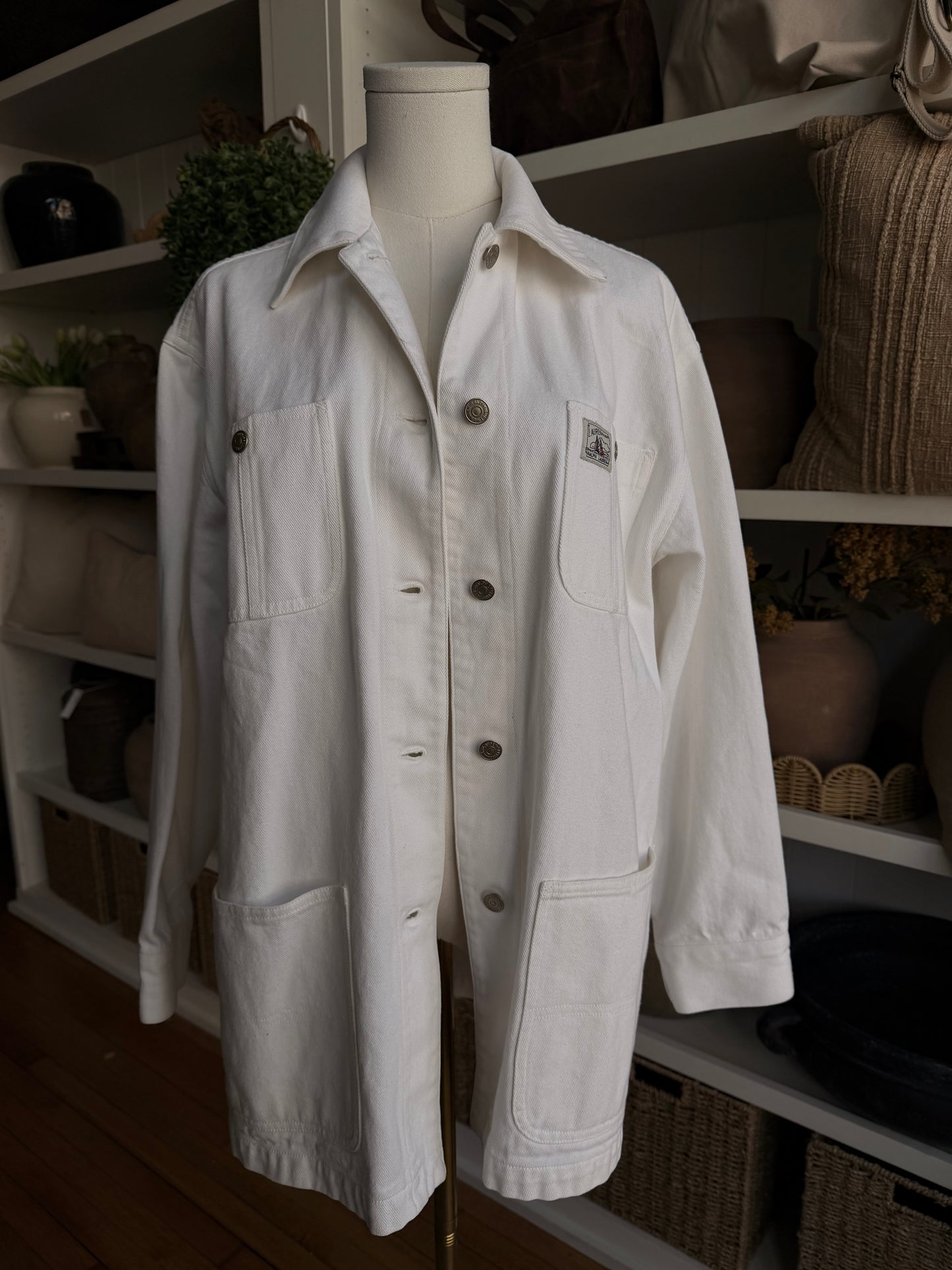 90s Lauren Ralph Lauren white denim chore coat. Made in Hong Kong