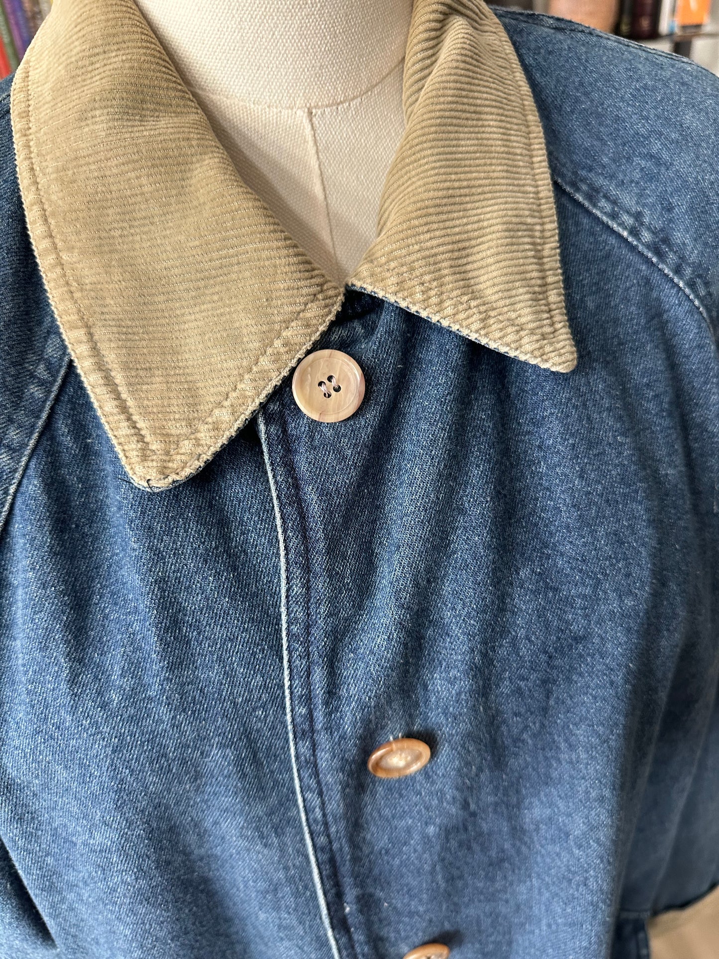 90s Ruff Hewn denim lined trench with corduroy collar. Made in Hong Kong
