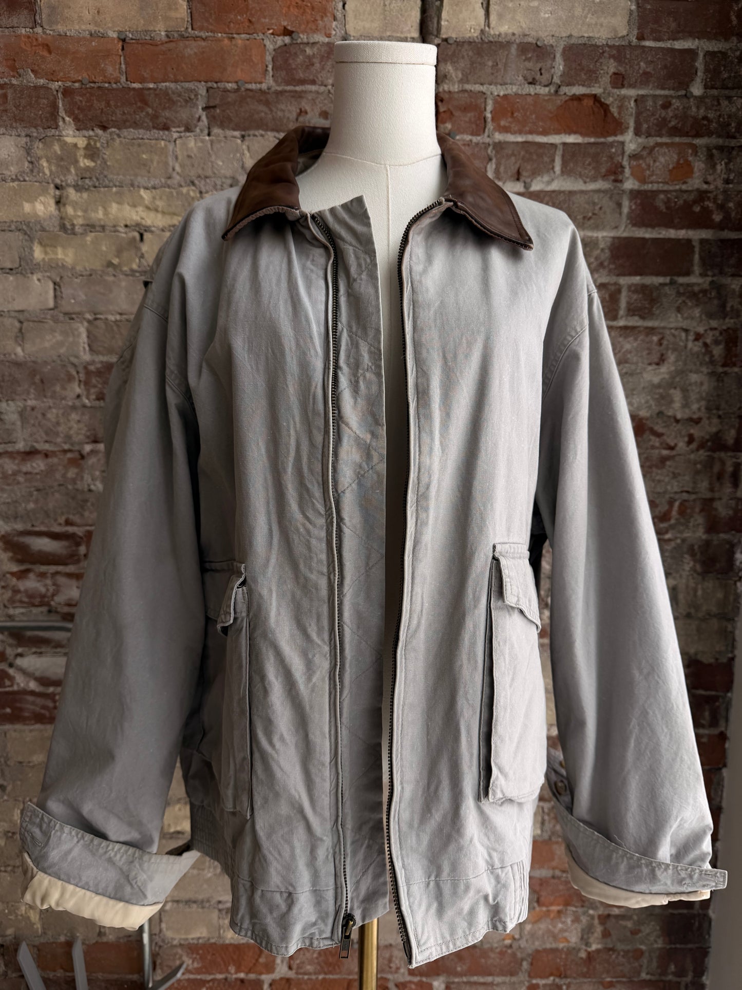 90s LLBean khaki bomber with leather collar. Made in Hong Kong.