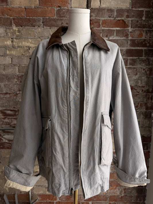 90s LLBean khaki bomber with leather collar. Made in Hong Kong.