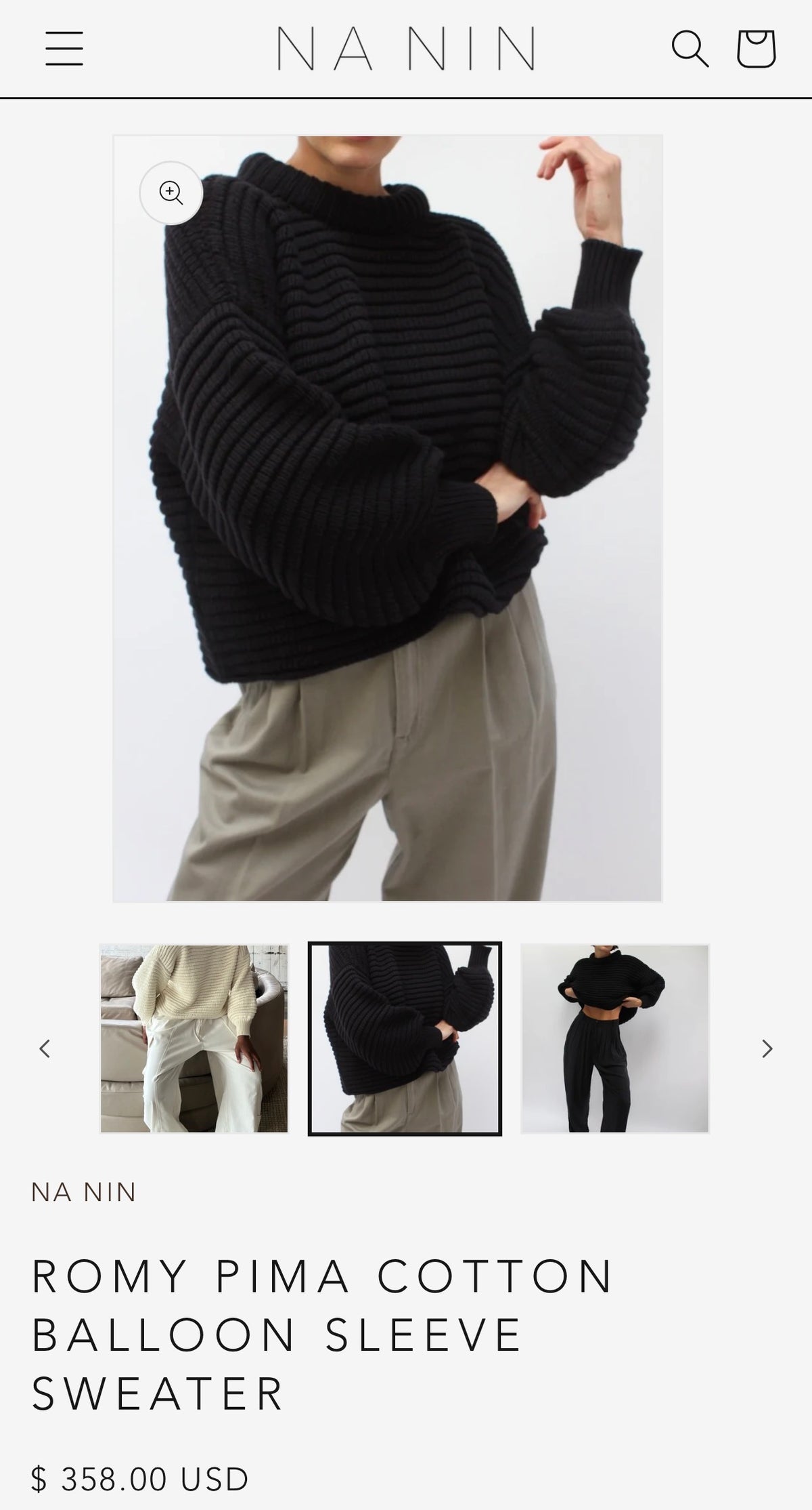 Na Nin Romy Pima cotton balloon sleeve sweater in black.