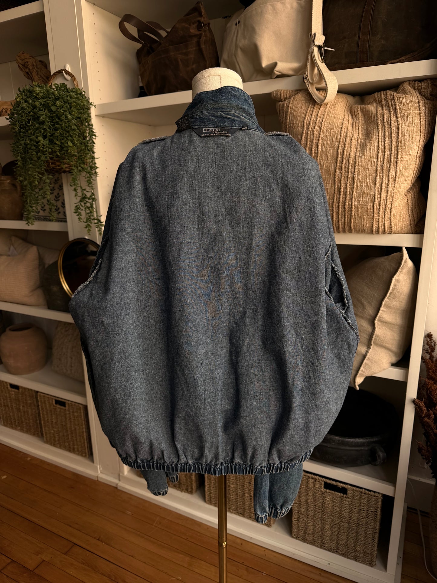 80s Polo Ralph Lauren denim bomber with plaid under collar. Made in USA