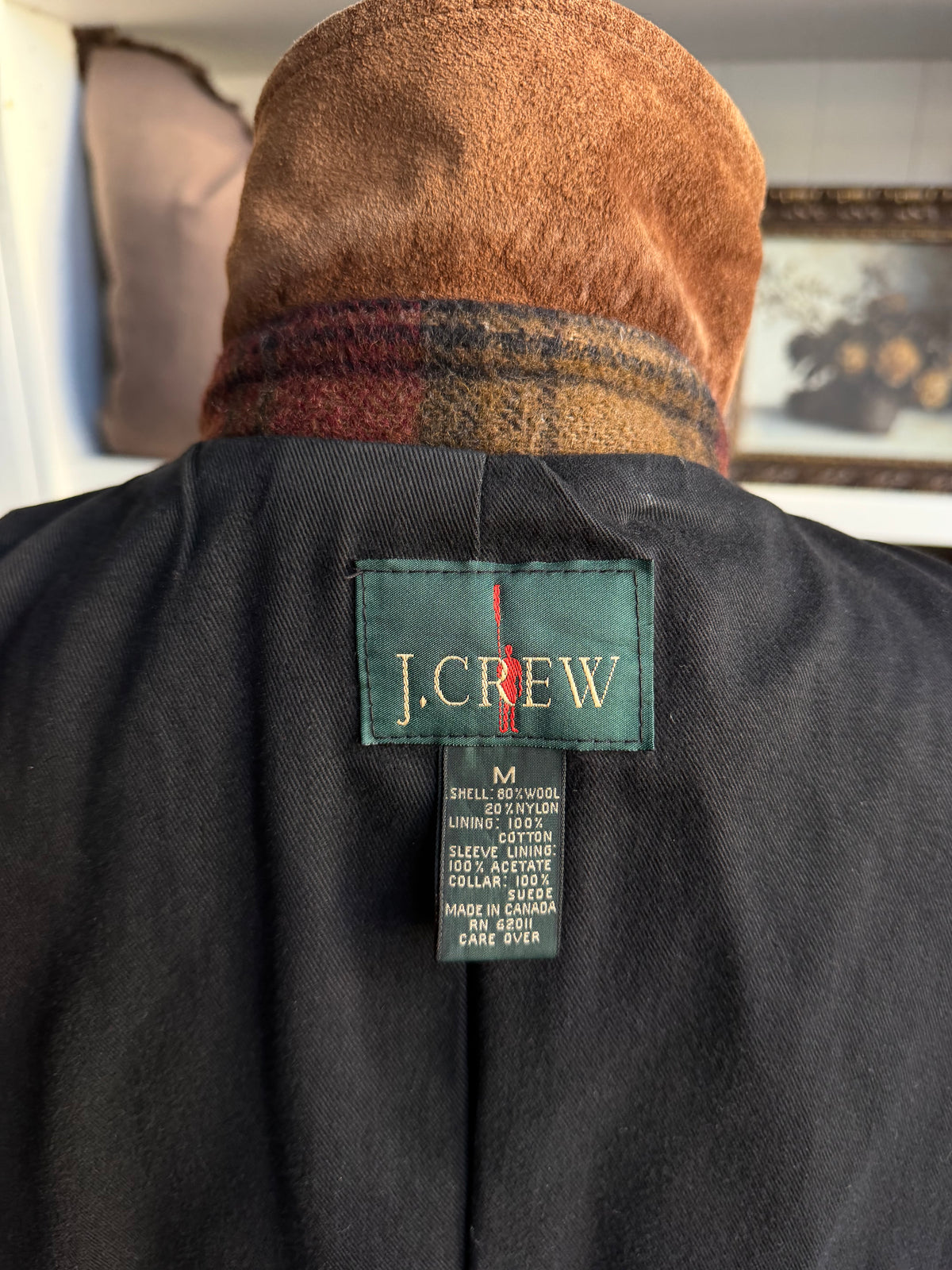 90s J.Crew wool barn coat with suede collar. Made in Canada