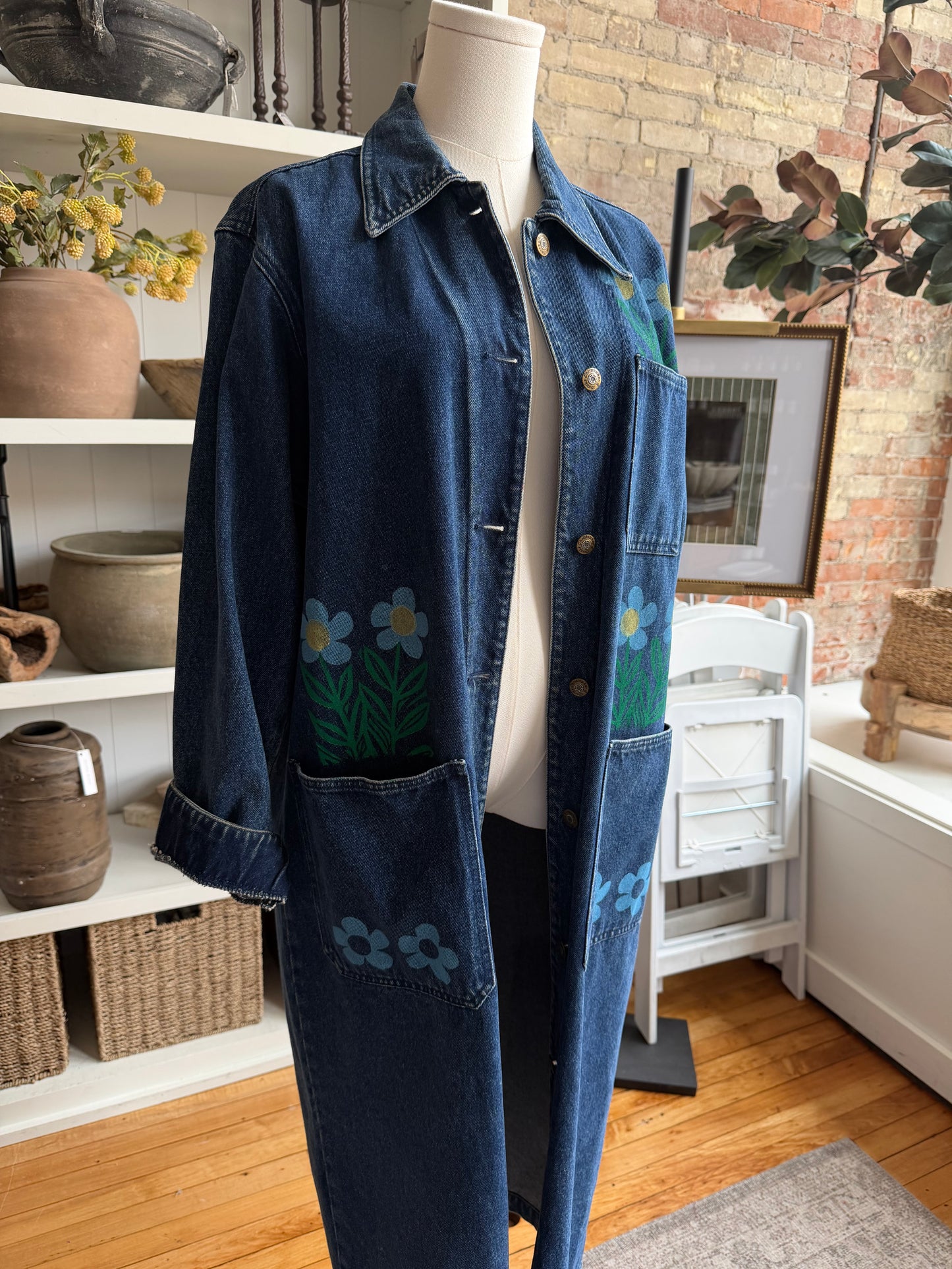 Blocked printed vintage denim trench. Hand painted by SRM Prints