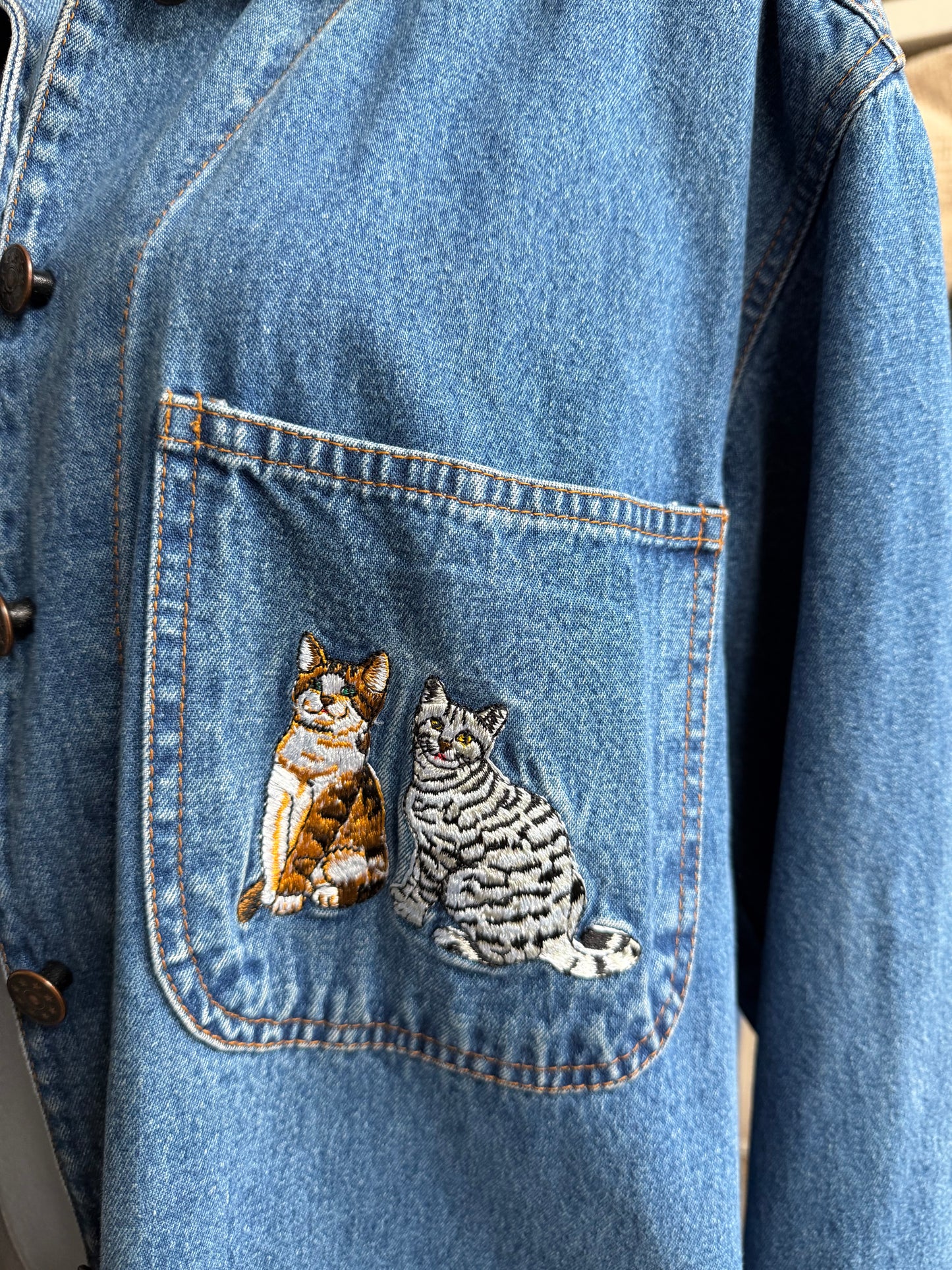 90s Casey Coleman denim chore coat with embroidered cats on pockets