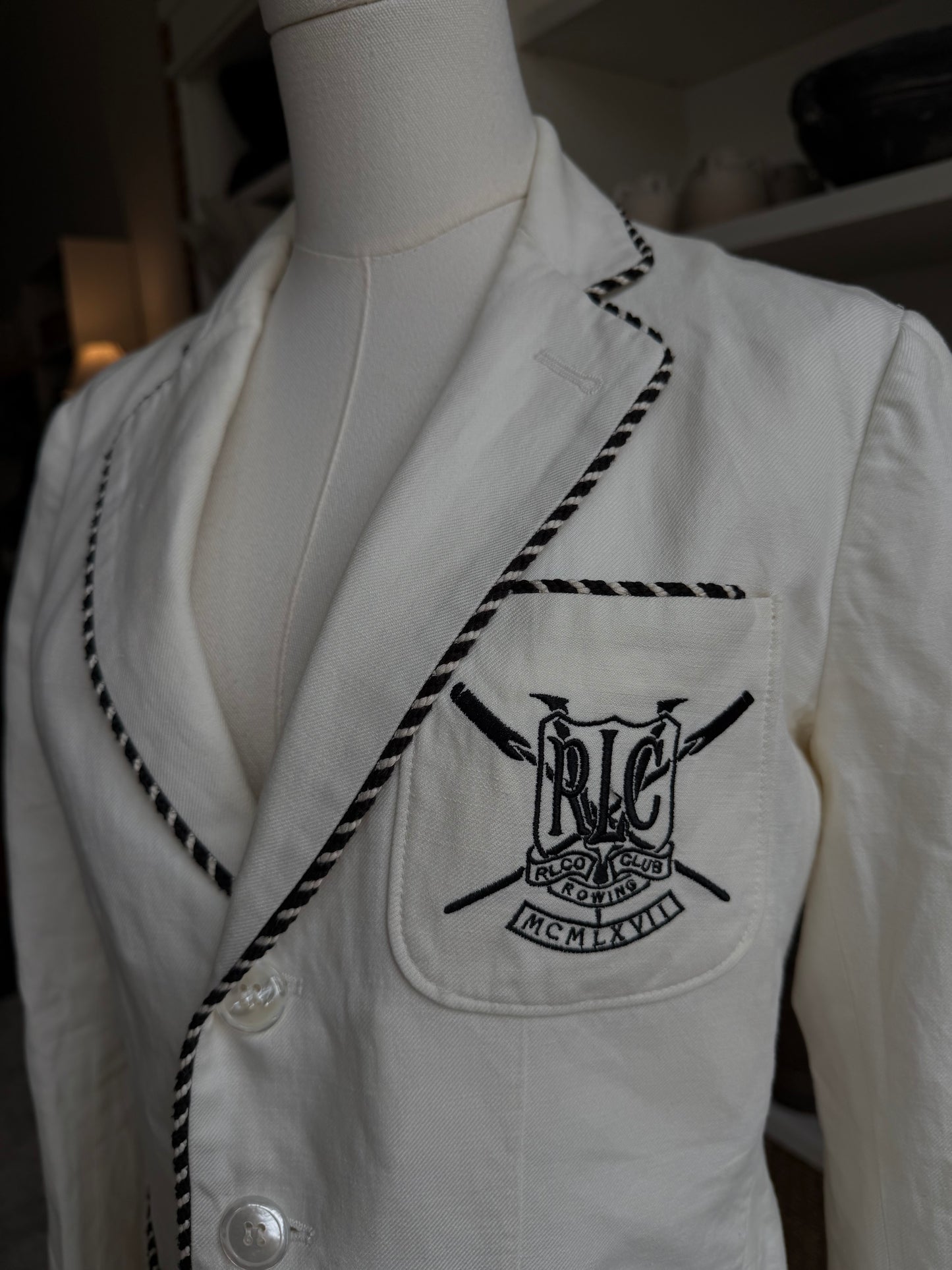 90s Ralph Lauren linen row blazer with navy details.