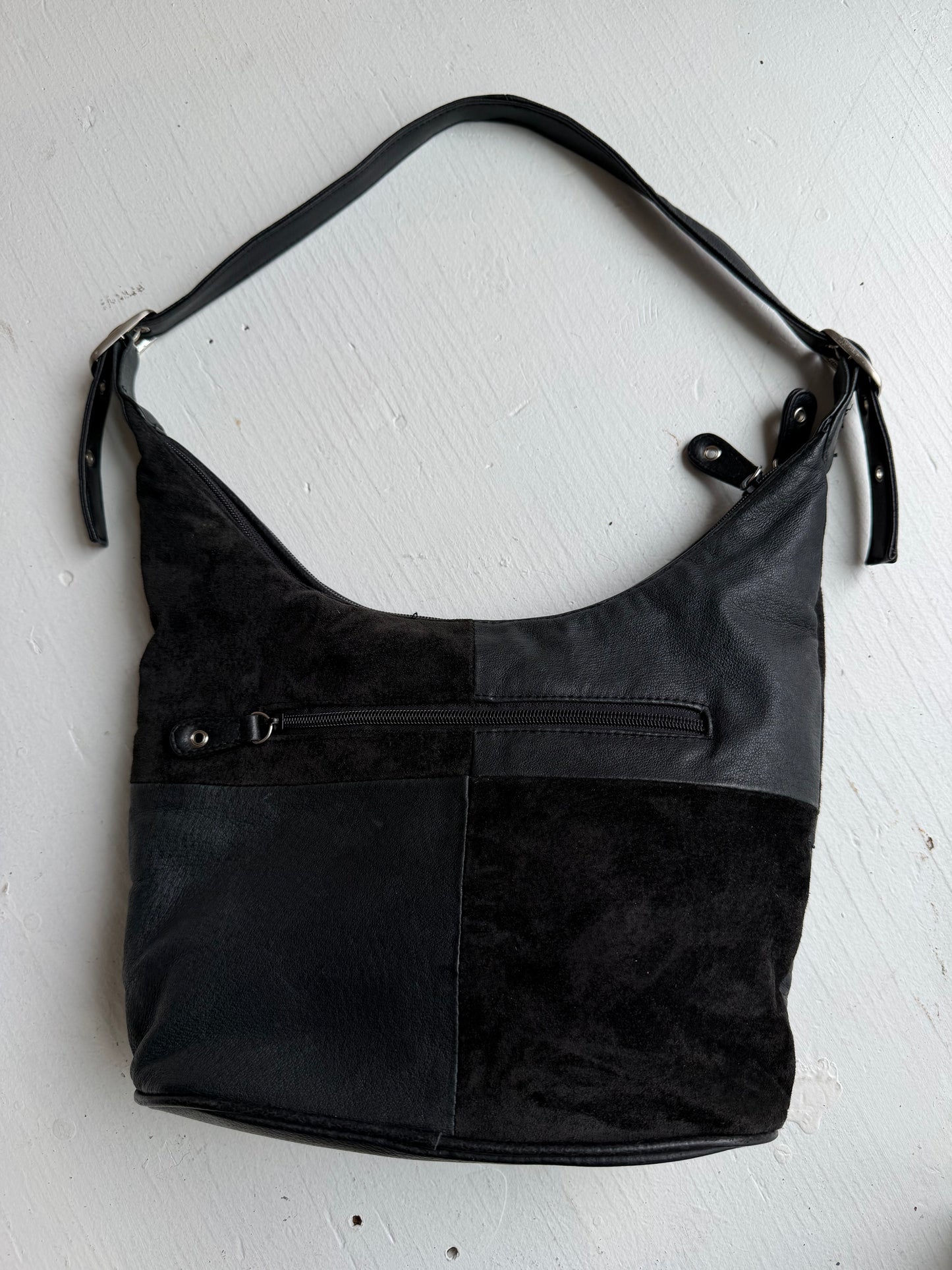 90s Hush Puppies black leather and suede shoulder bag