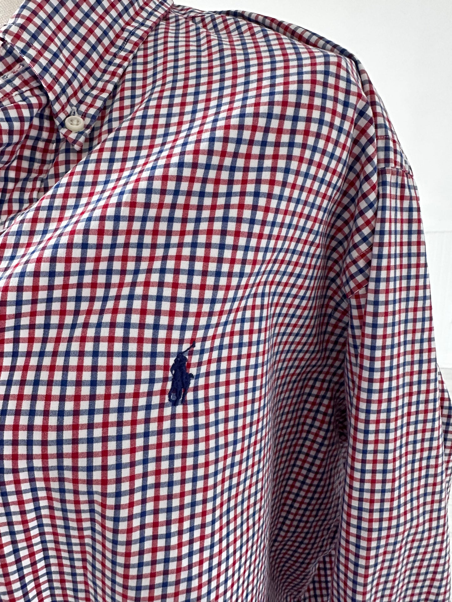 90s Ralph Lauren red white and blue checkered poplin button down. Made in Hong Kong