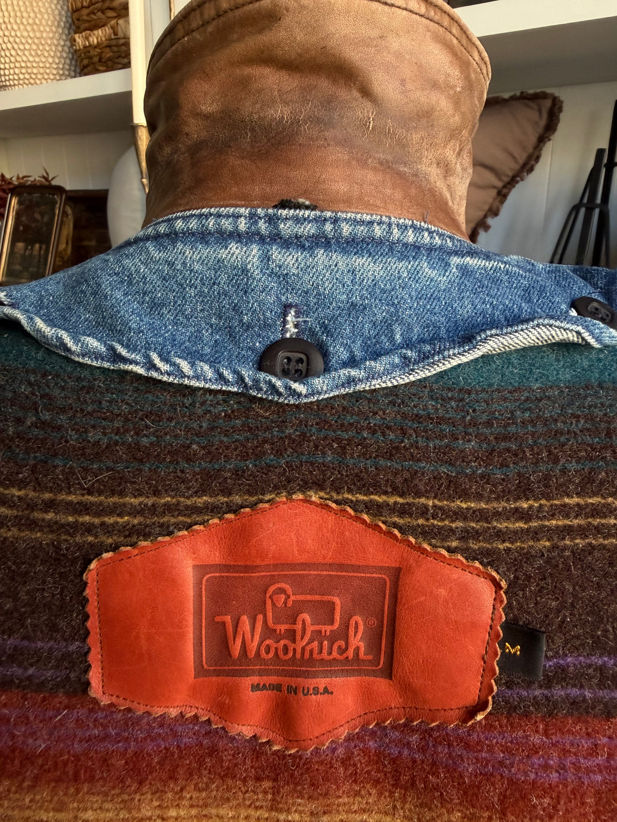 90s Woolrich denim barn coat with button out wool lining and leather collar. Made in the USA