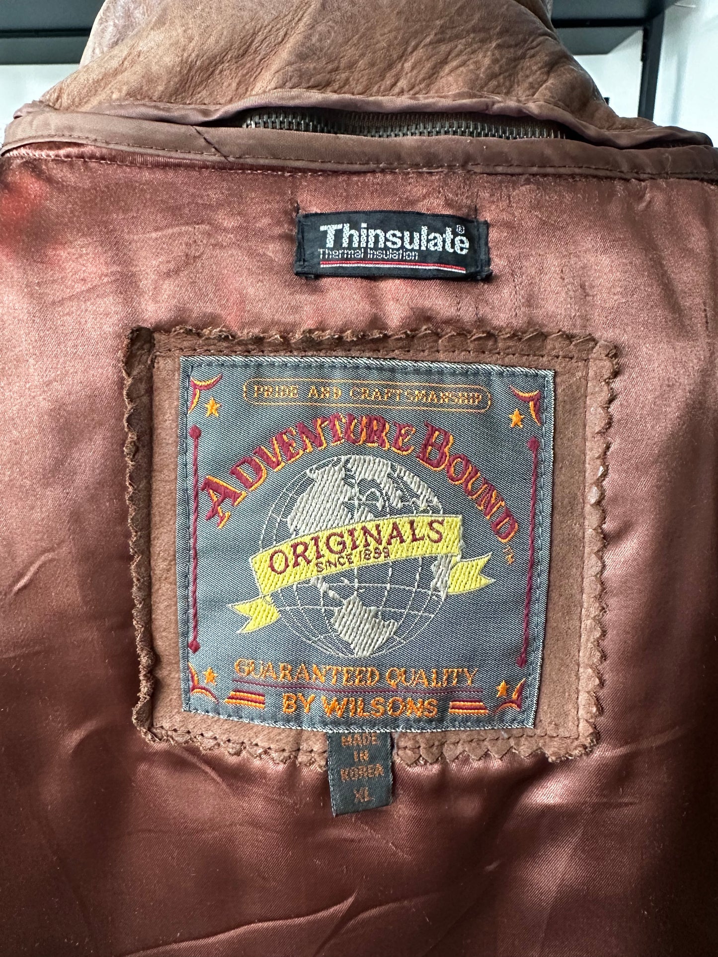90s Adventure Bound by Wilson’s leather bomber jacket with removable lining. Made in Korea