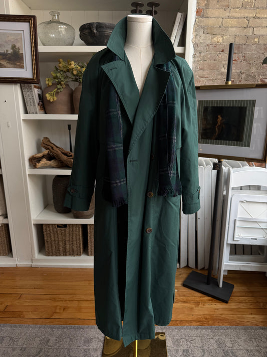 80s Saxton Hall green trench with zip out lining. Includes matching scarf. Made in Korea