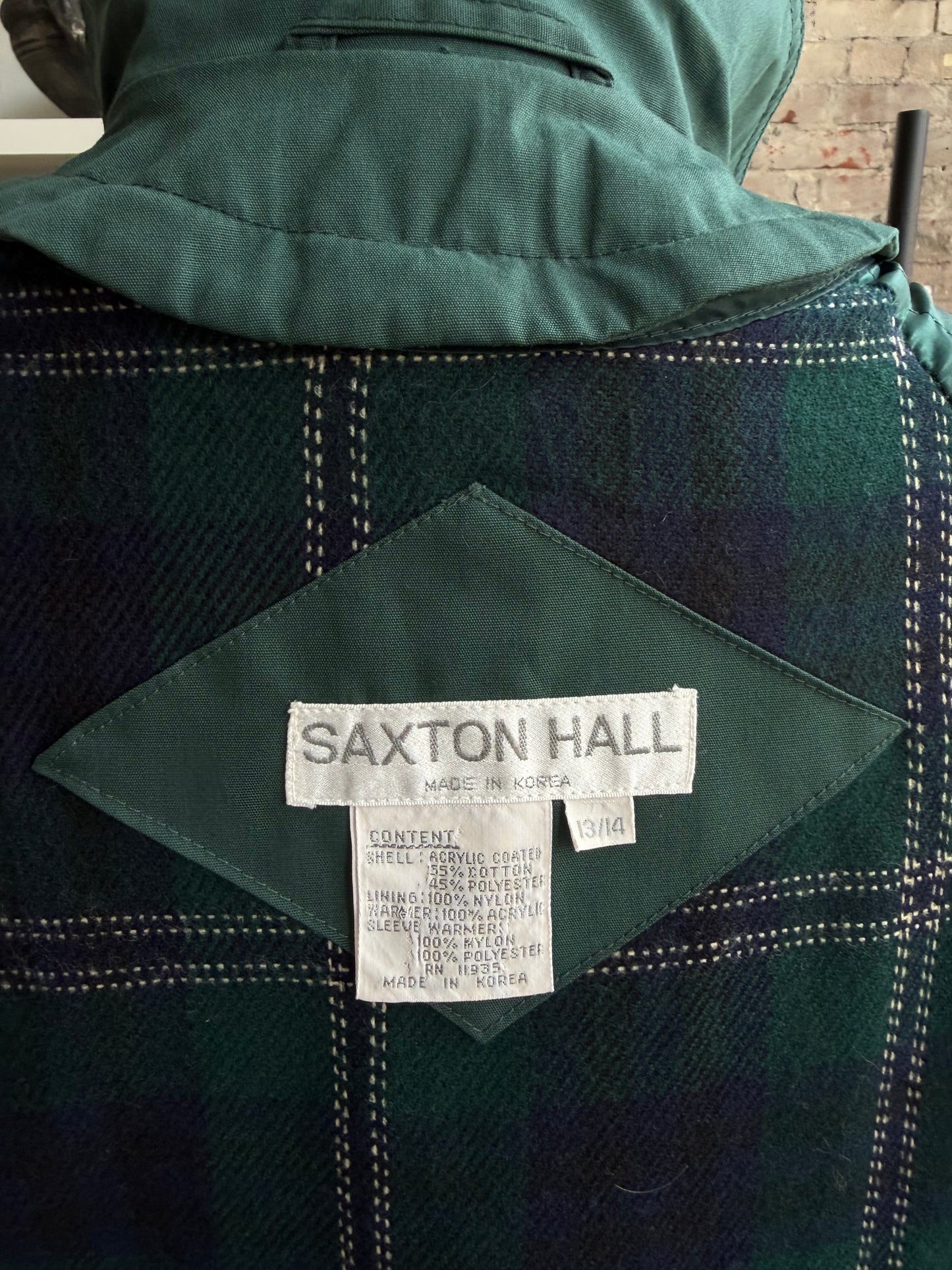 80s Saxton Hall green trench with zip out lining. Includes matching scarf. Made in Korea