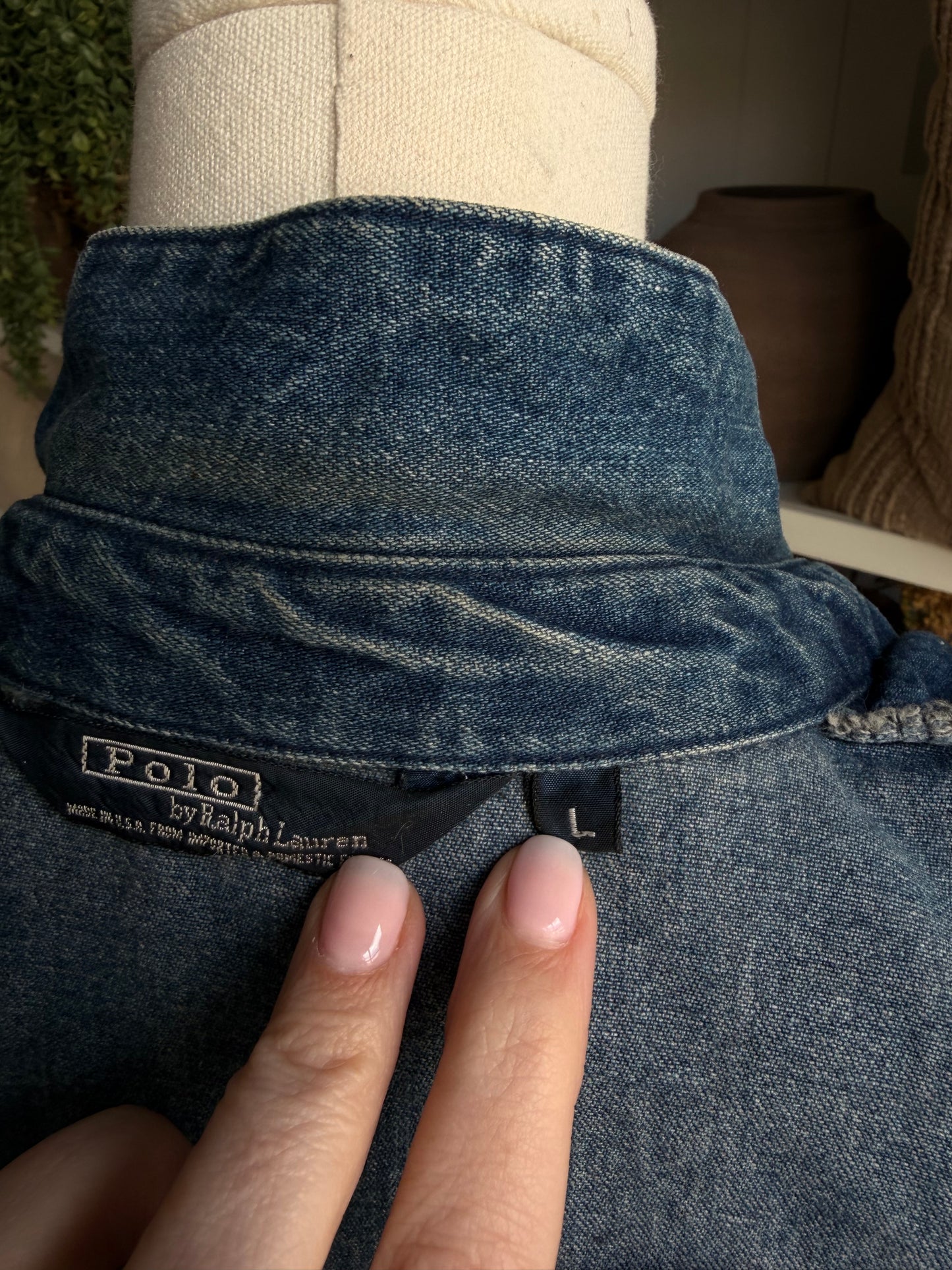 80s Polo Ralph Lauren denim bomber with plaid under collar. Made in USA