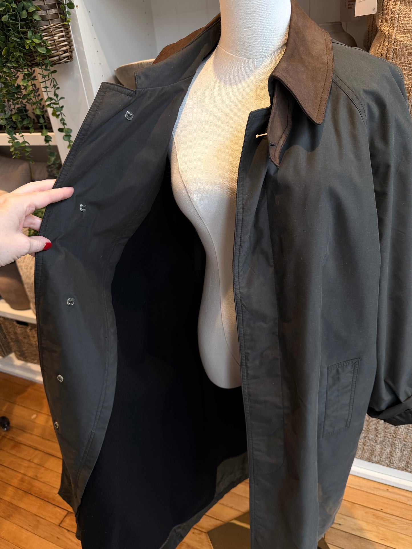 90s Chaps Ralph Lauren green trench with leather collar and removable wool lining