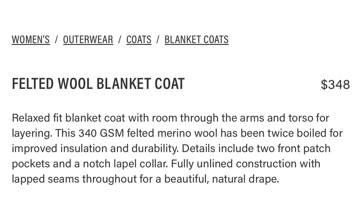 Buck Mason felted wool blanket coat. Size XS