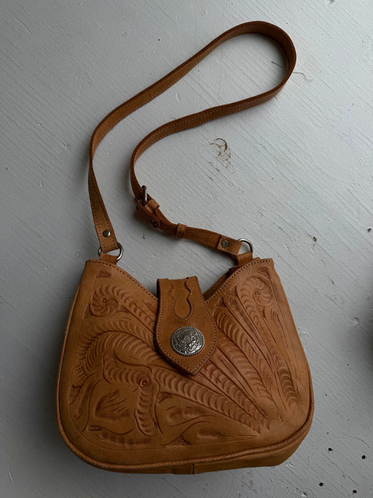 90s Grants Natural tooled leather crossbody bag. Made in Paraguay