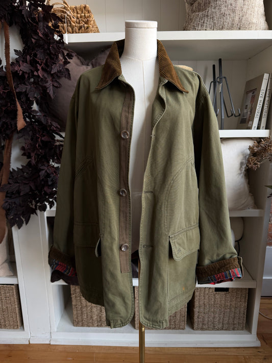 90s Polo Ralph Lauren green barn coat with plaid lining. Fits M-XL