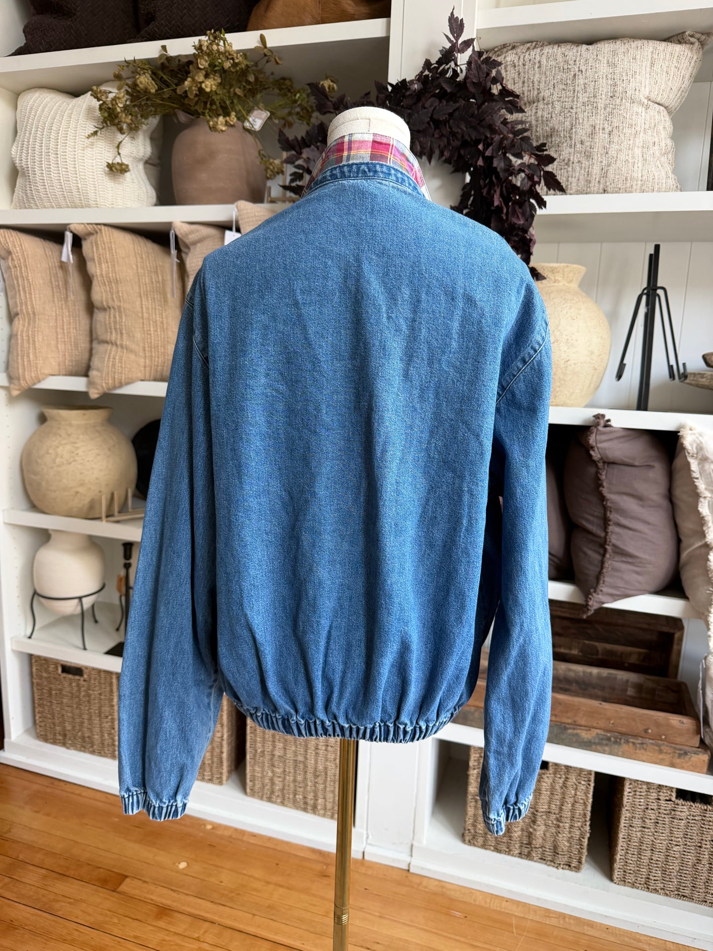80s Polo Ralph Lauren denim bomber with plaid collar. Fits XS-M