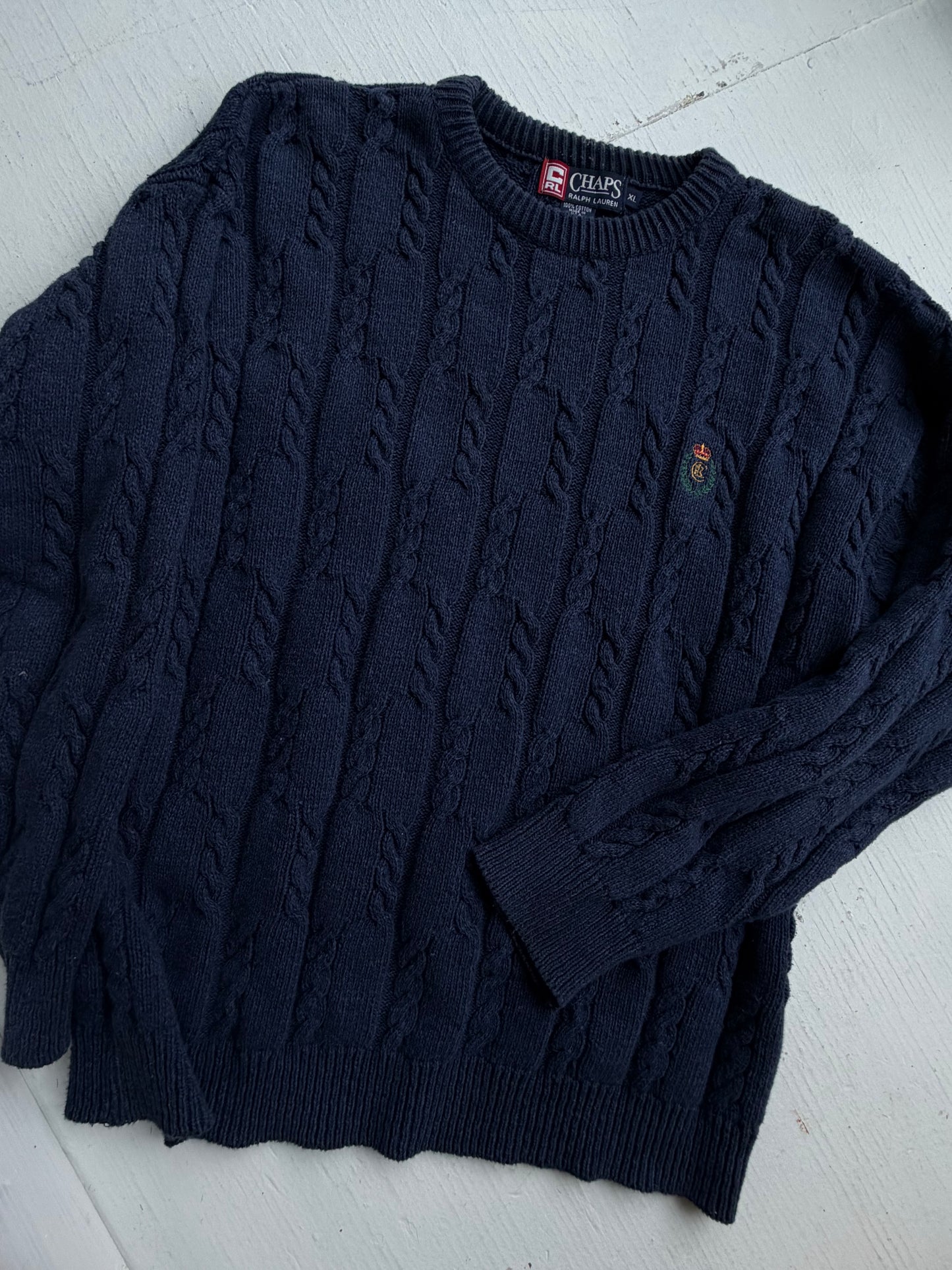 90s Chaps Ralph Lauren navy cotton cable knit sweater. Made in the USA