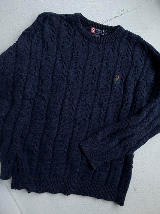 90s Chaps Ralph Lauren navy cotton cable knit sweater. Made in the USA