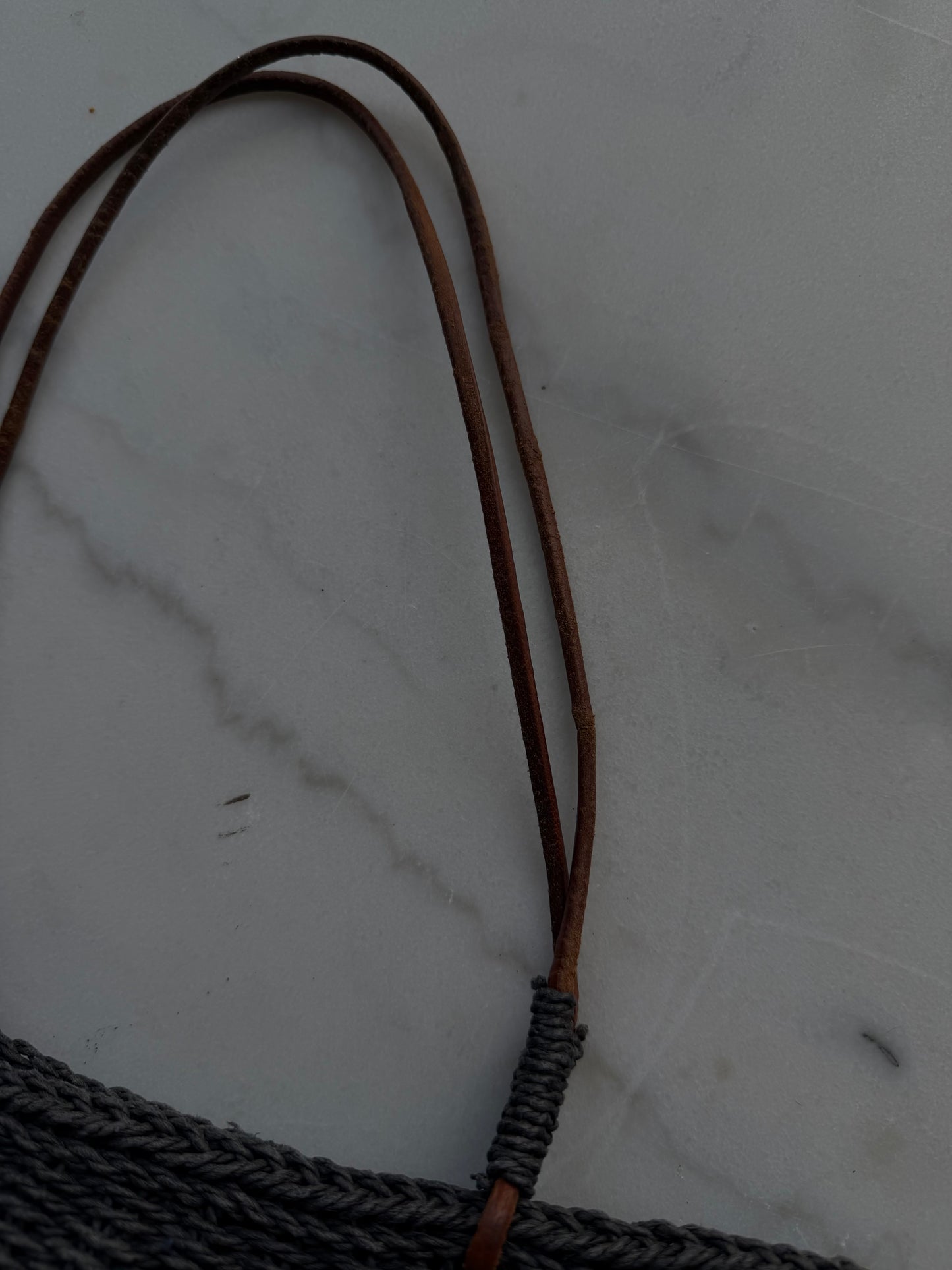 Vintage navy woven bag with wooden buttons and leather straps. Made in France