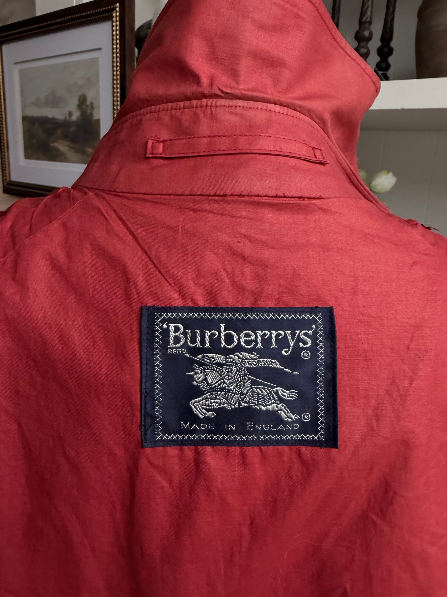 80s Burberry red packable light weight traveler trench with carrying bag