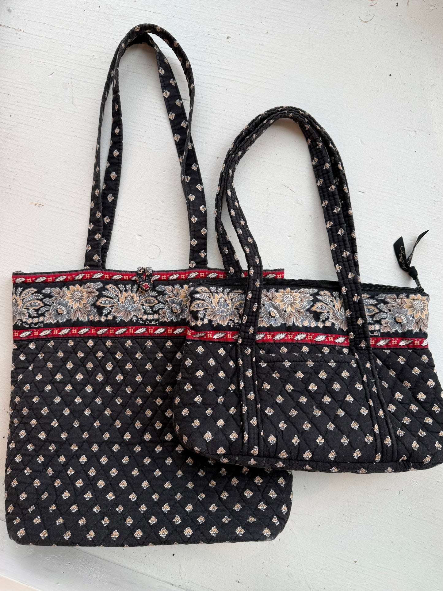 00s Vera Bradley Classic Black tote bag and matching zip top shoulder bag