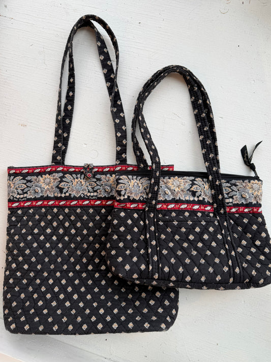 00s Vera Bradley Classic Black tote bag and matching zip top shoulder bag