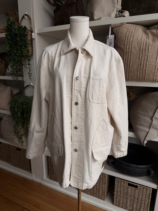 90s Lauren Ralph Lauren cream denim chore coat. Made in Hong Kong