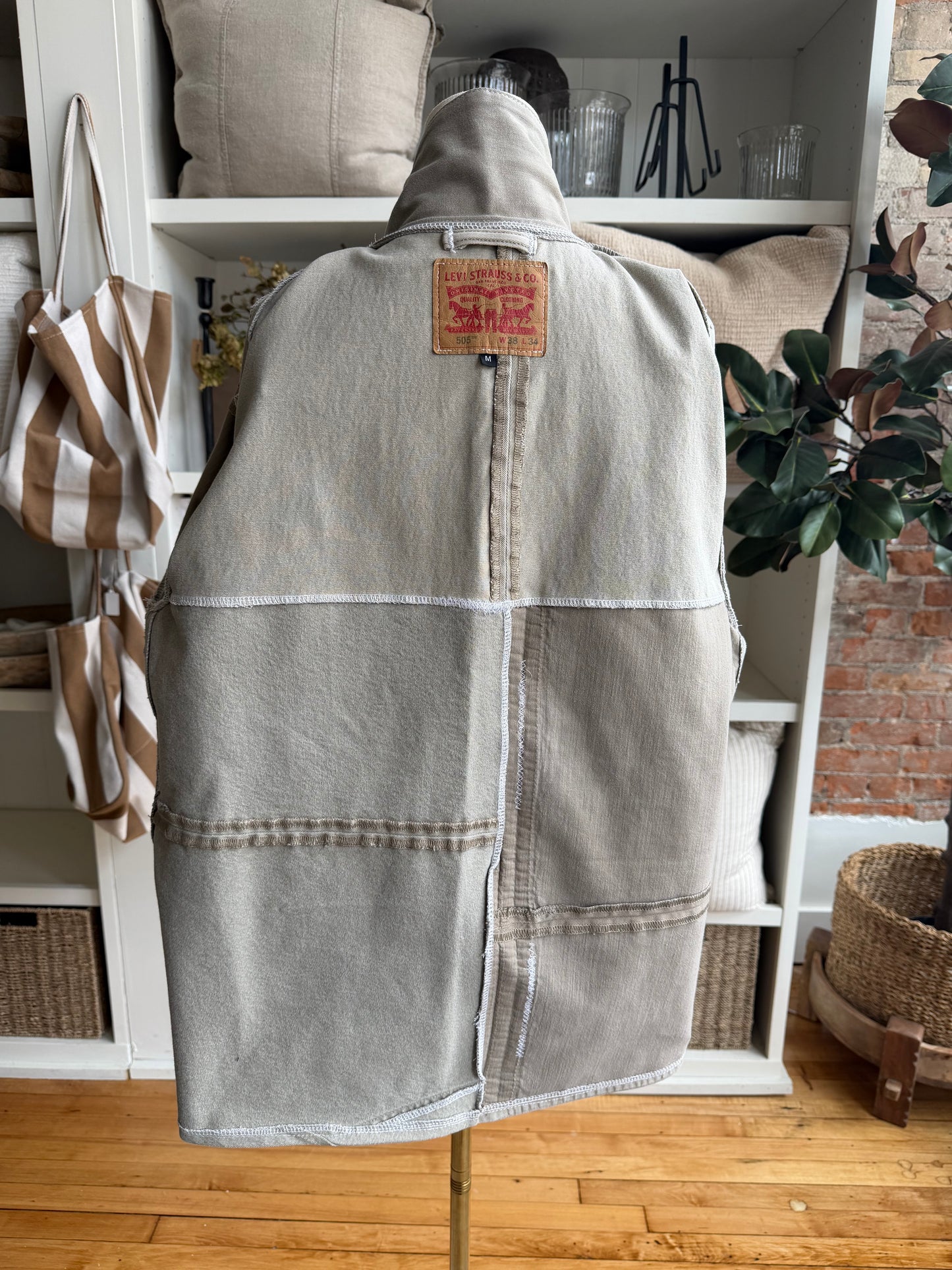 Tan Reworked Denim Chore Coat. Size Medium