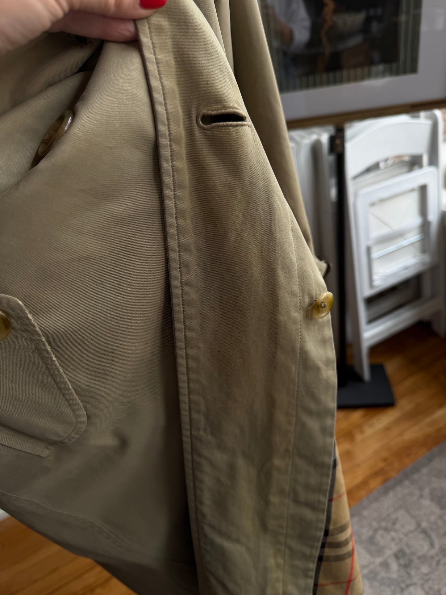 Vintage Burberry green khaki trench with removable wool lining. Made in the USA.