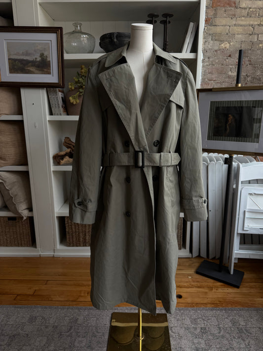 Light green military trench with zip out insulated lining