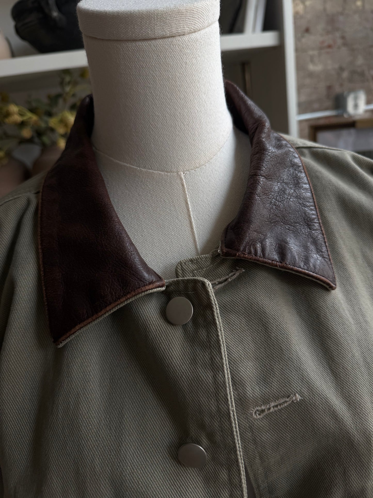 90s Marlboro green canvas chore coat with flannel lining and leather collar