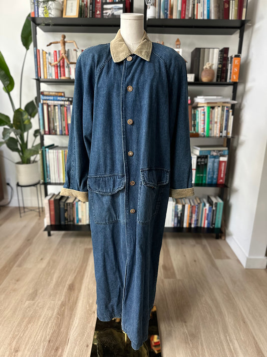 90s Ruff Hewn denim lined trench with corduroy collar. Made in Hong Kong