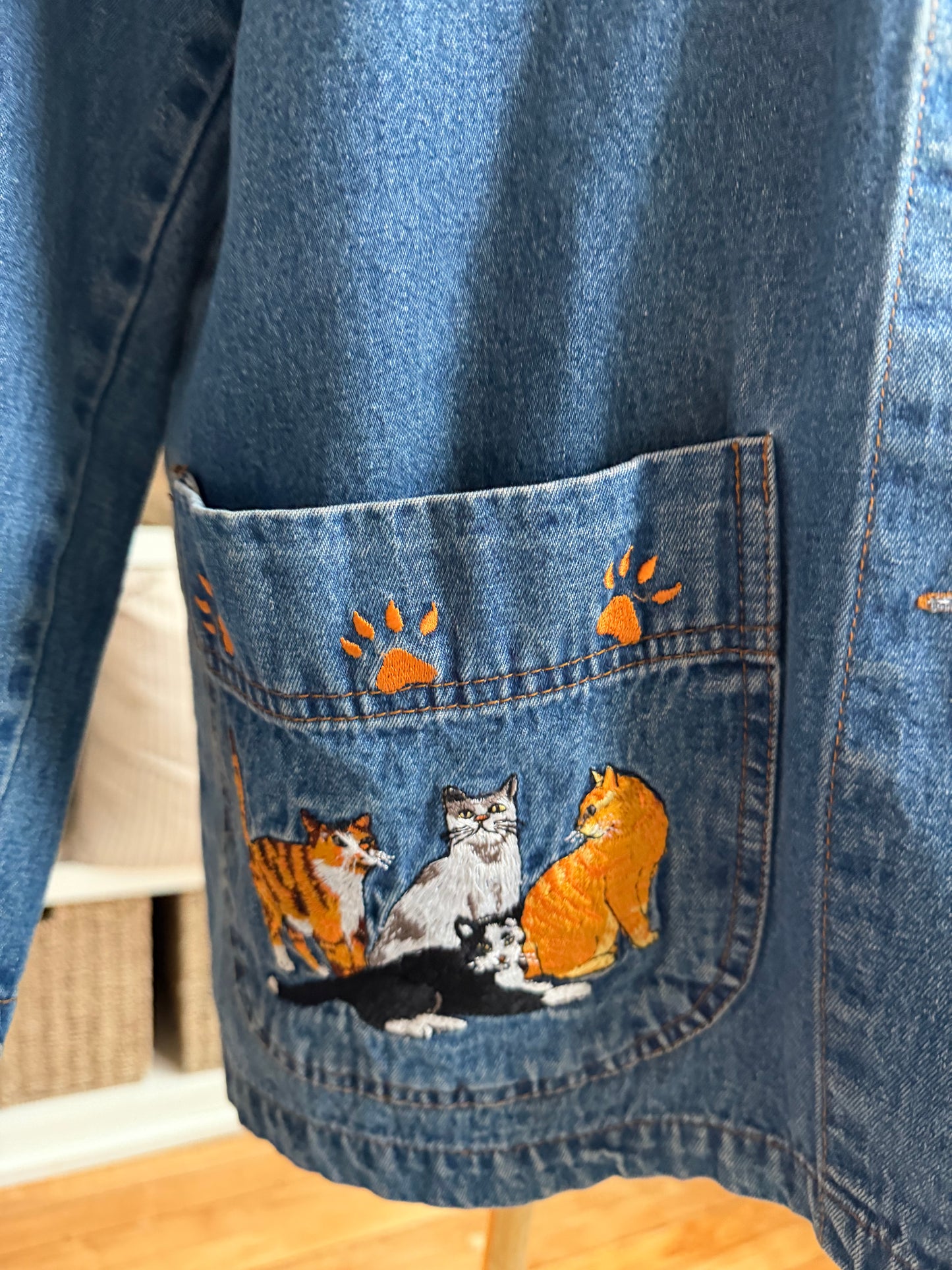 90s Casey Coleman denim chore coat with embroidered cats on pockets