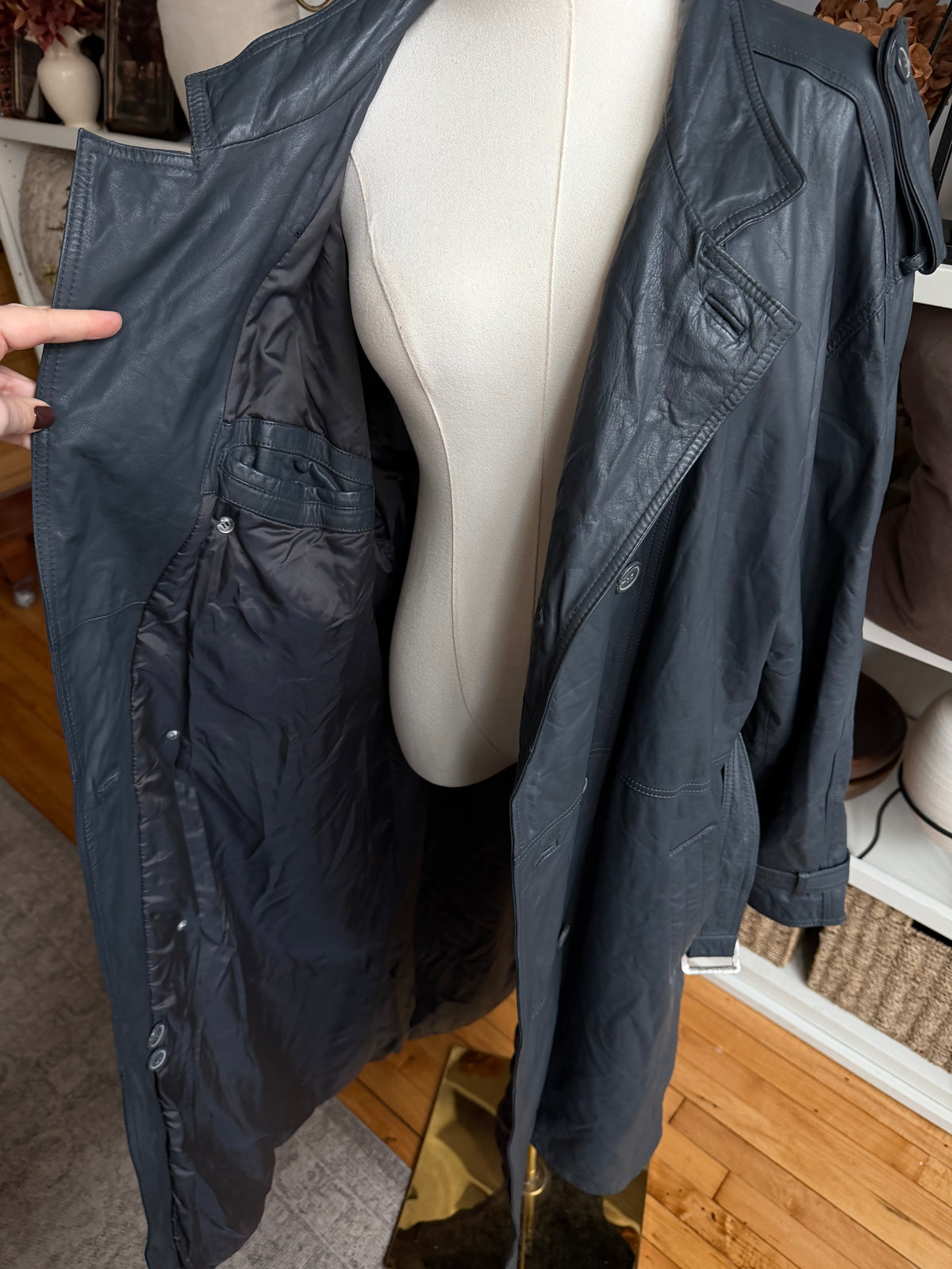Vintage blue leather trench. Sourced in Paris. Fits M-XL