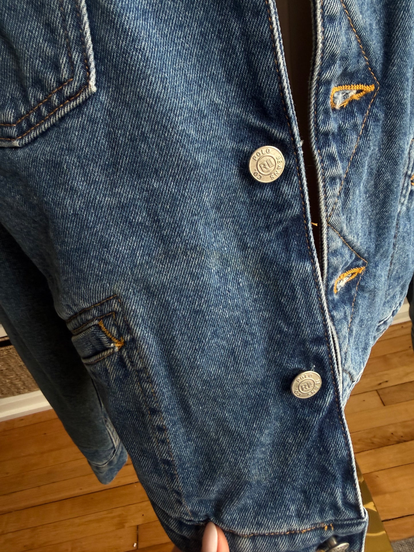 90s Polo Jeans Co denim insulated jacket with red lining. Fits XXS-S