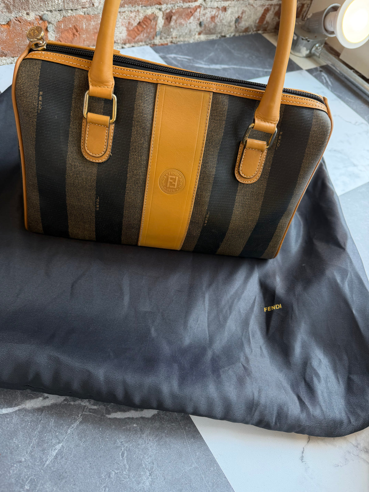80s Fendi Pequin Boston bag with original duster bag and gift bag