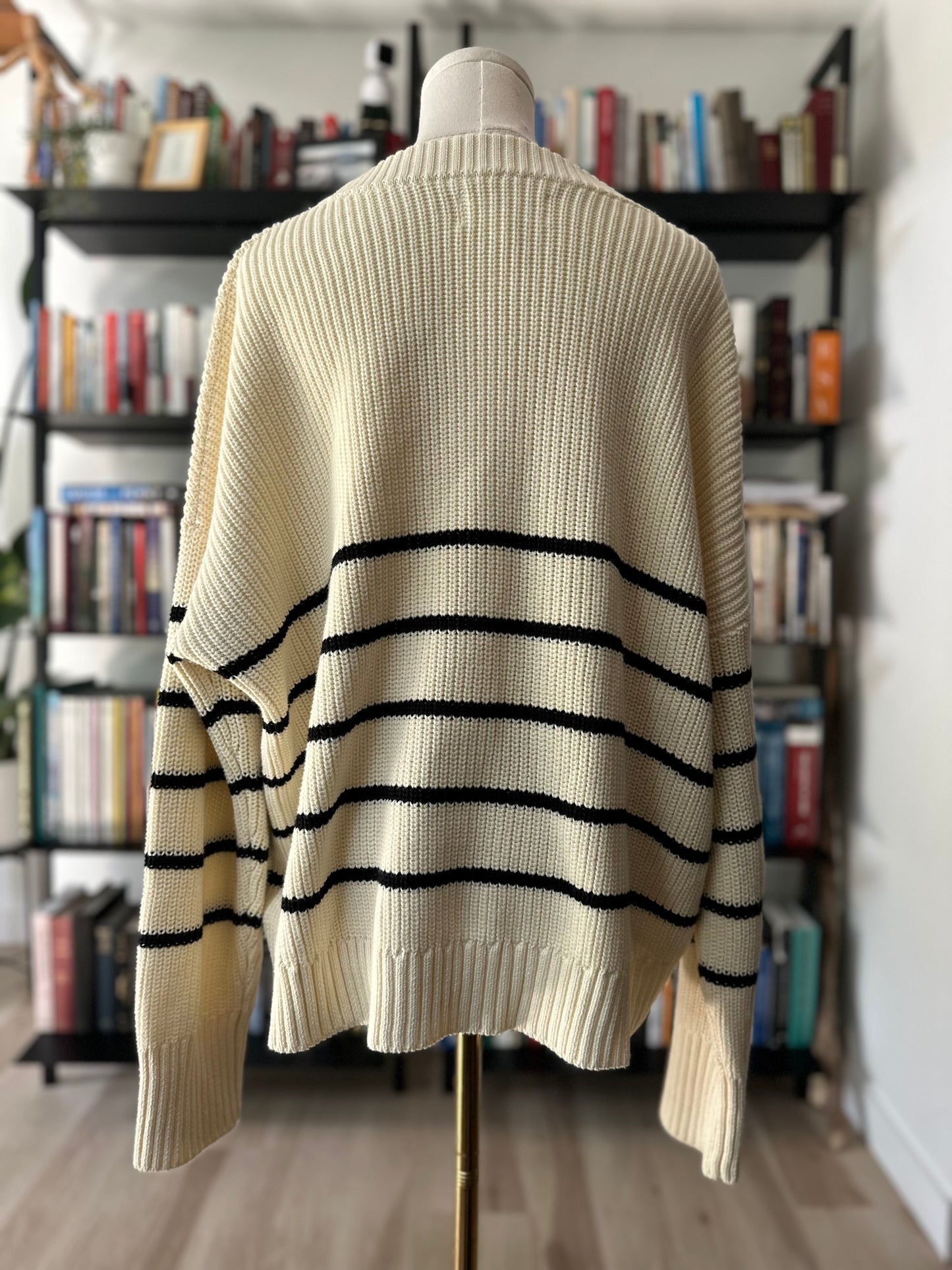 Translates cream and black striped sweater. Organic cotton. Size large