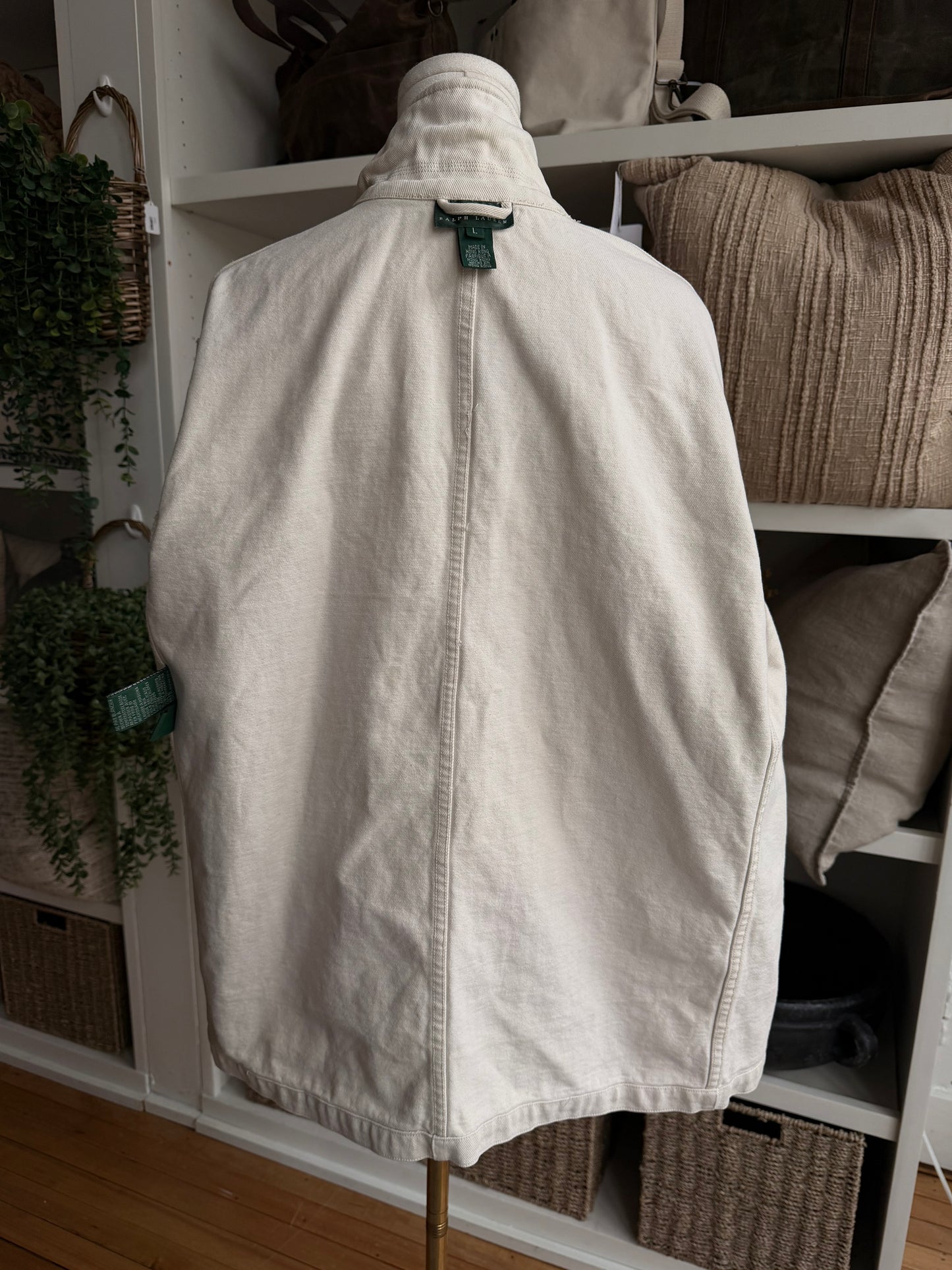 90s Lauren Ralph Lauren cream denim chore coat. Made in Hong Kong