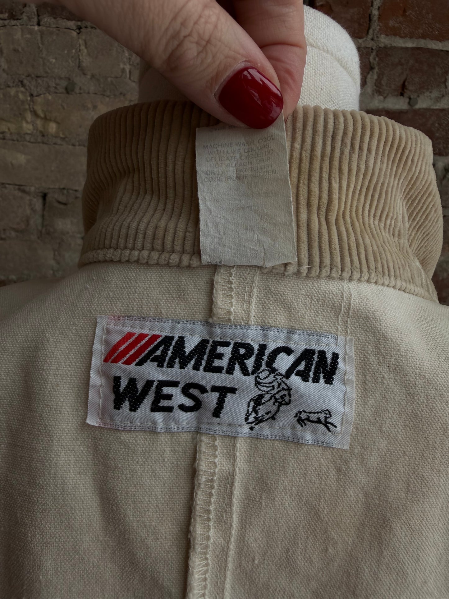 80s American West cream duster with corduroy collar. Made in USA